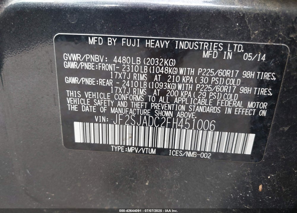 2015 SUBARU FORESTER 2.5I PREMIUM VIN: JF2SJADC2FH451006