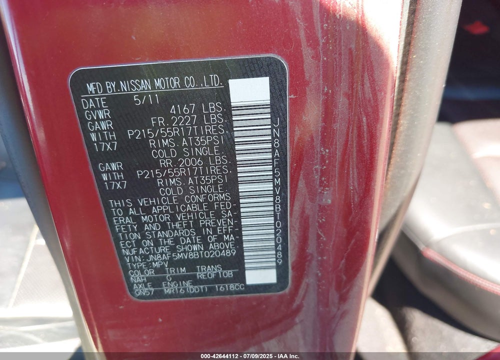 2011 NISSAN JUKE VIN: JN8AF5MV8BT020489