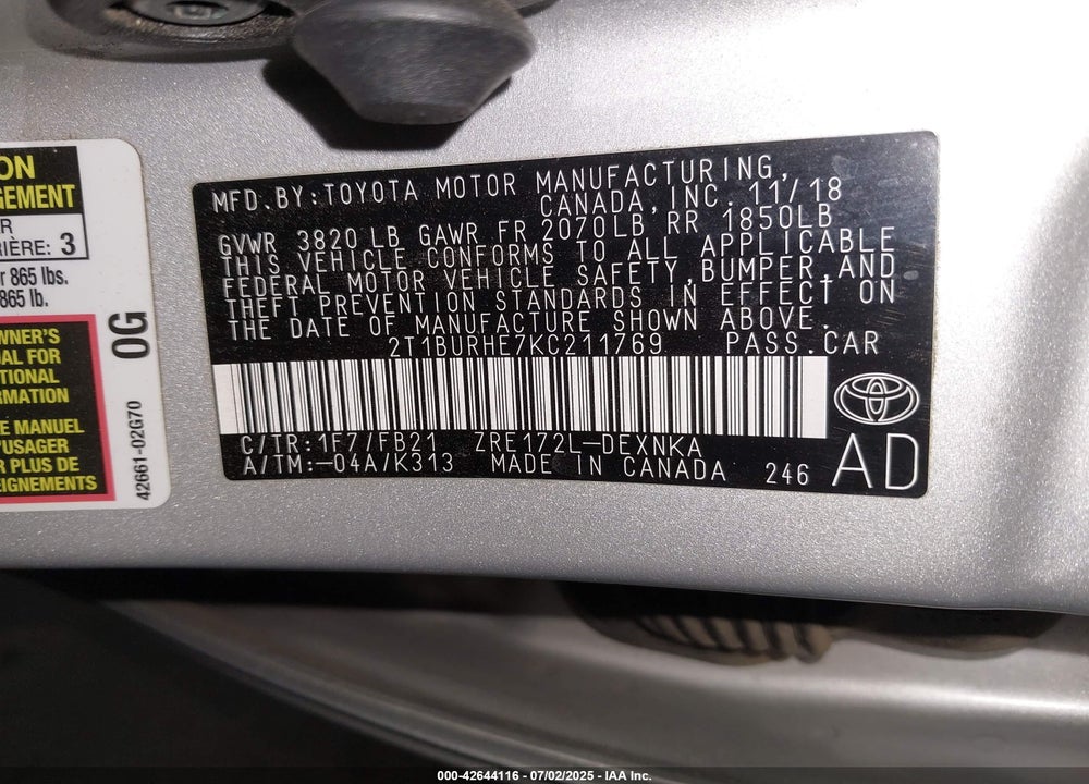 2019 TOYOTA COROLLA VIN: 2T1BURHE7KC211769