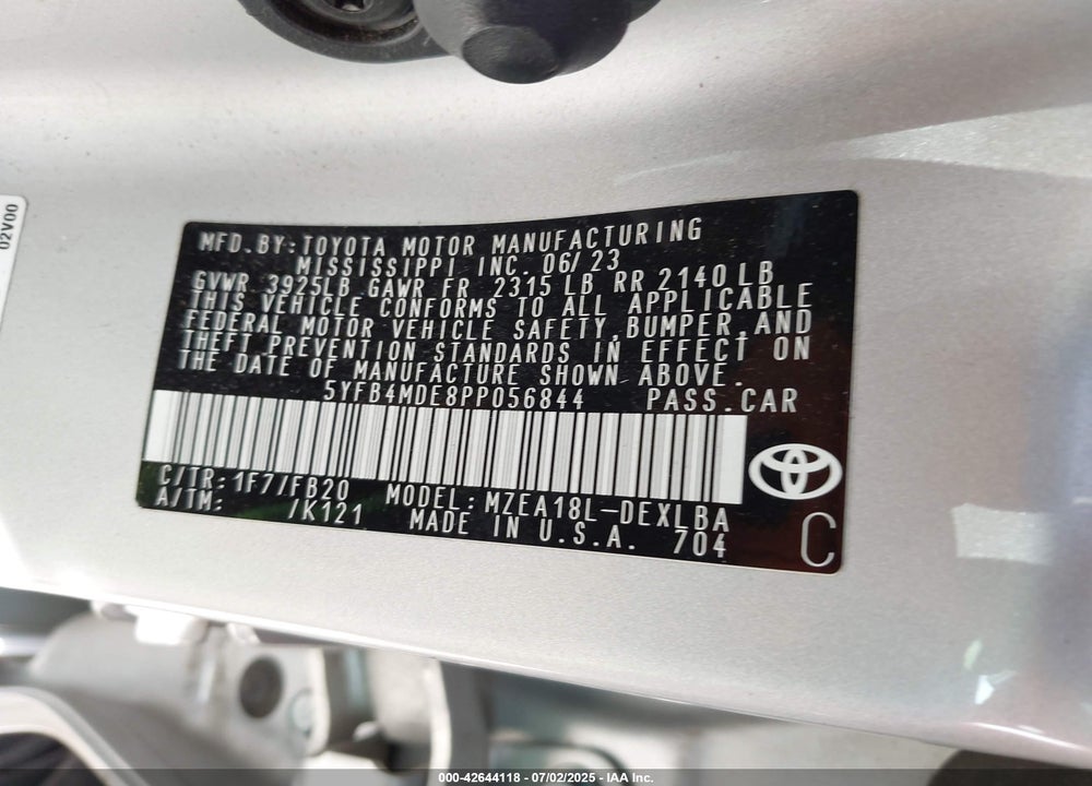 2023 TOYOTA COROLLA VIN: 5YFB4MDE8PP056844