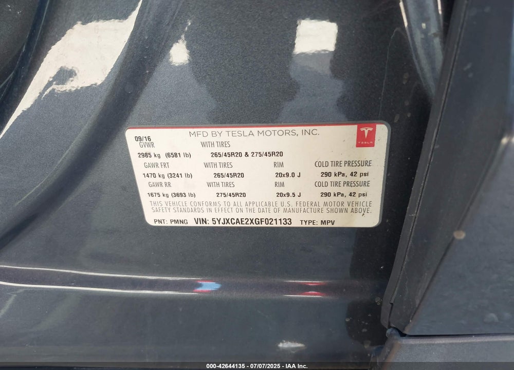 2016 TESLA MODEL X VIN: 5YJXCAE2XGF021133