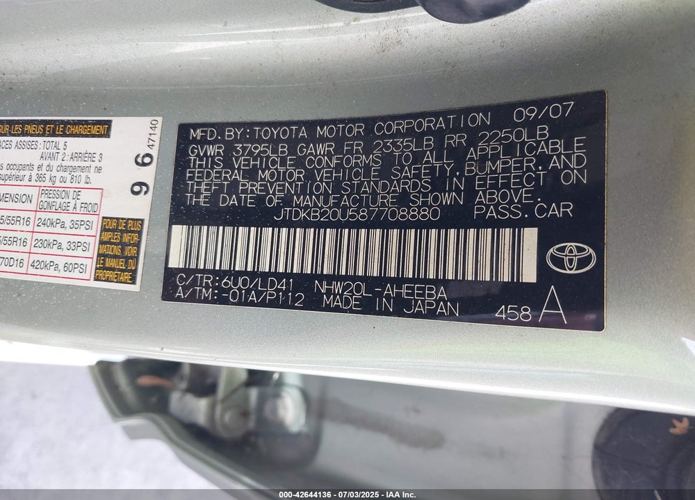2008 TOYOTA PRIUS TOURING VIN: JTDKB20U587708880