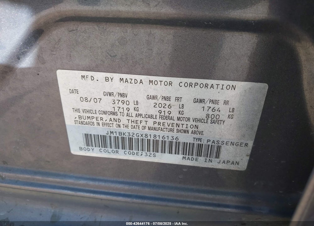 2008 MAZDA 3 VIN: JM1BK32GX81816136