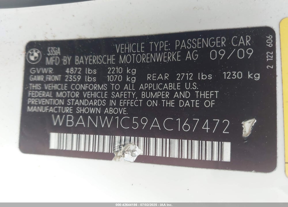 2010 BMW 5 SERIES VIN: WBANW1C59AC167472
