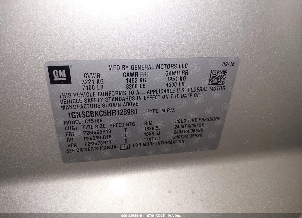 2017 CHEVROLET TAHOE LT VIN: 1GNSCBKC5HR128980