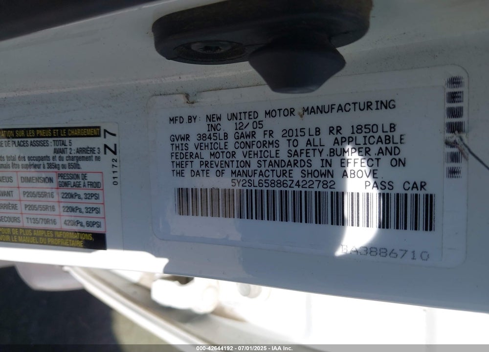 2006 PONTIAC VIBE VIN: 5Y2SL65886Z422782