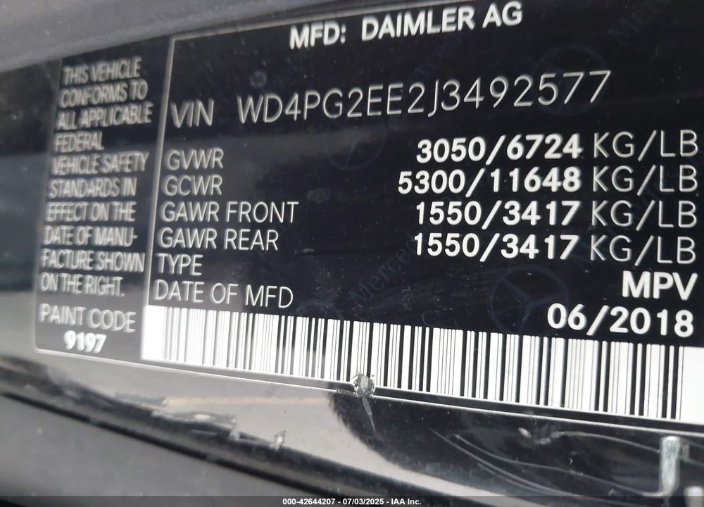 2018 MERCEDES-BENZ METRIS VIN: WD4PG2EE2J3492577