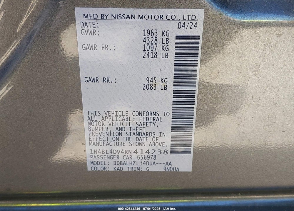 2024 NISSAN ALTIMA VIN: 1N4BL4DV4RN414238
