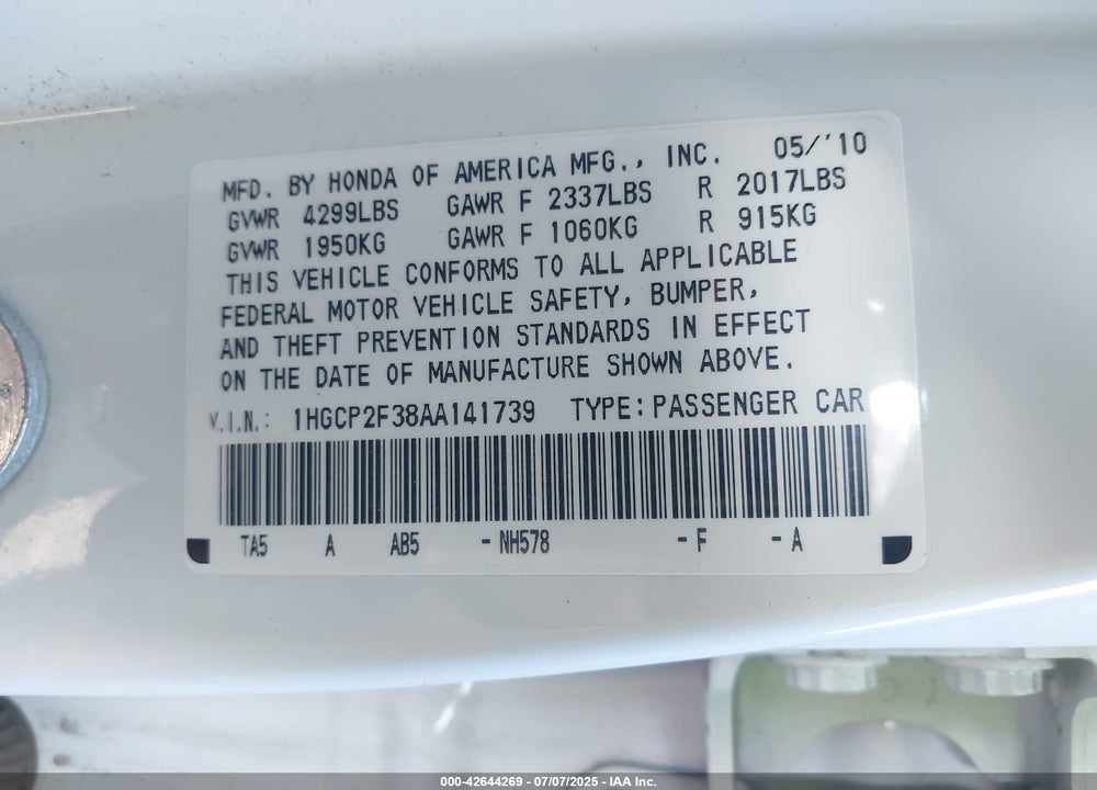 2010 HONDA ACCORD VIN: 1HGCP2F38AA141739