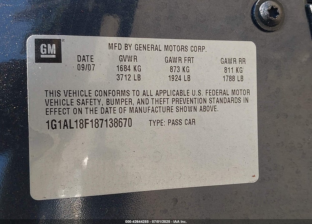 2008 CHEVROLET COBALT VIN: 1G1AL18F187138670