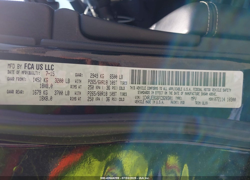 2015 JEEP GRAND CHEROKEE LIMITED VIN: 1C4RJEBG6FC920301