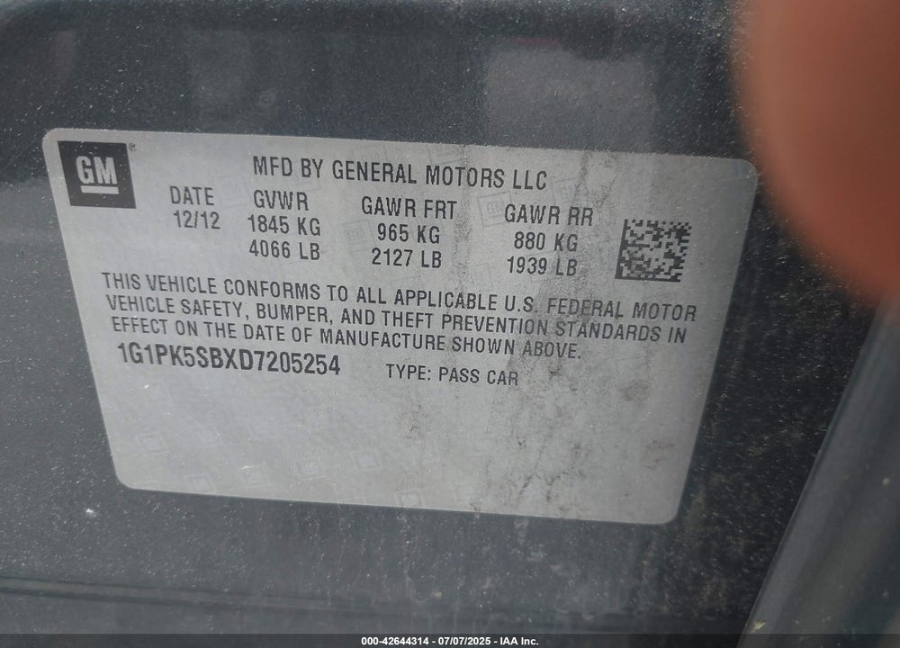 2013 CHEVROLET CRUZE VIN: 1G1PK5SBXD7205254