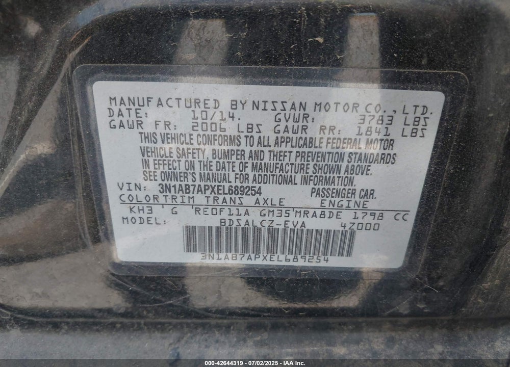 2014 NISSAN SENTRA S VIN: 3N1AB7APXEL689254