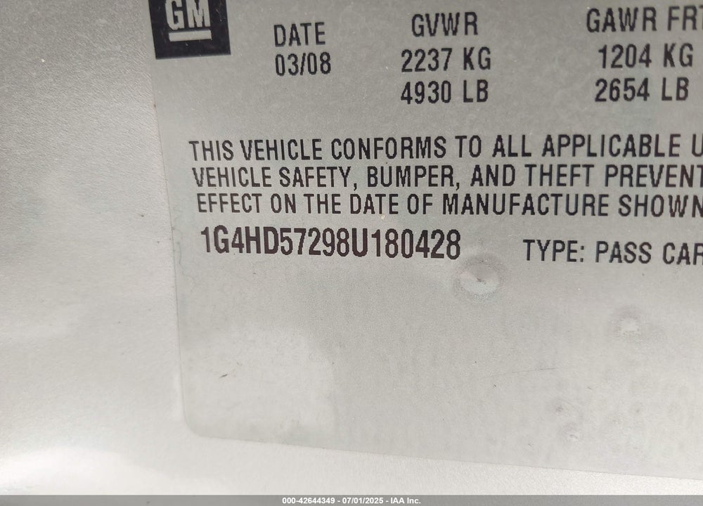 2008 BUICK LUCERNE CXL VIN: 1G4HD57298U180428