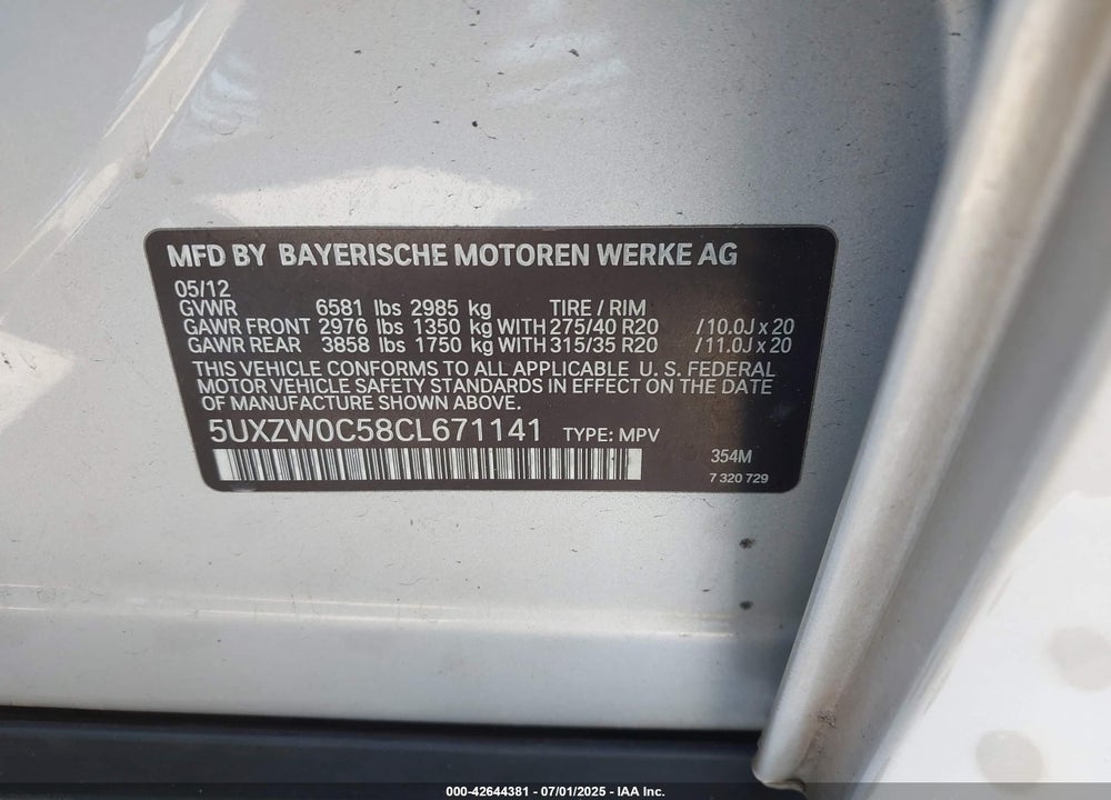 2012 BMW X5 VIN: 5UXZW0C58CL671141