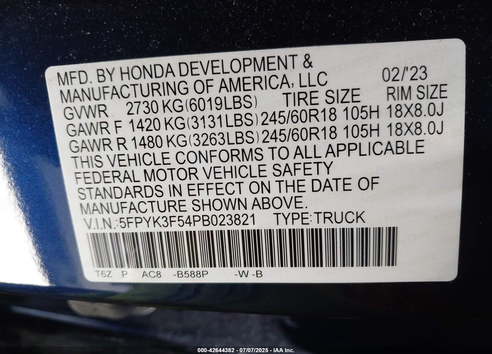 2023 HONDA RIDGELINE VIN: 5FPYK3F54PB023821