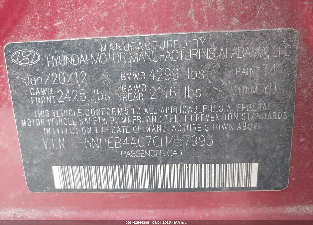 2012 HYUNDAI SONATA VIN: 5NPEB4AC7CH457993
