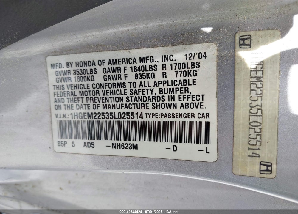 2005 HONDA CIVIC VIN: 1HGEM22535L025514