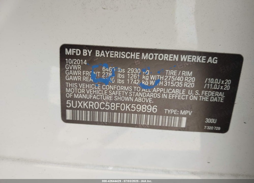 2015 BMW X5 VIN: 5UXKR0C58F0K59896