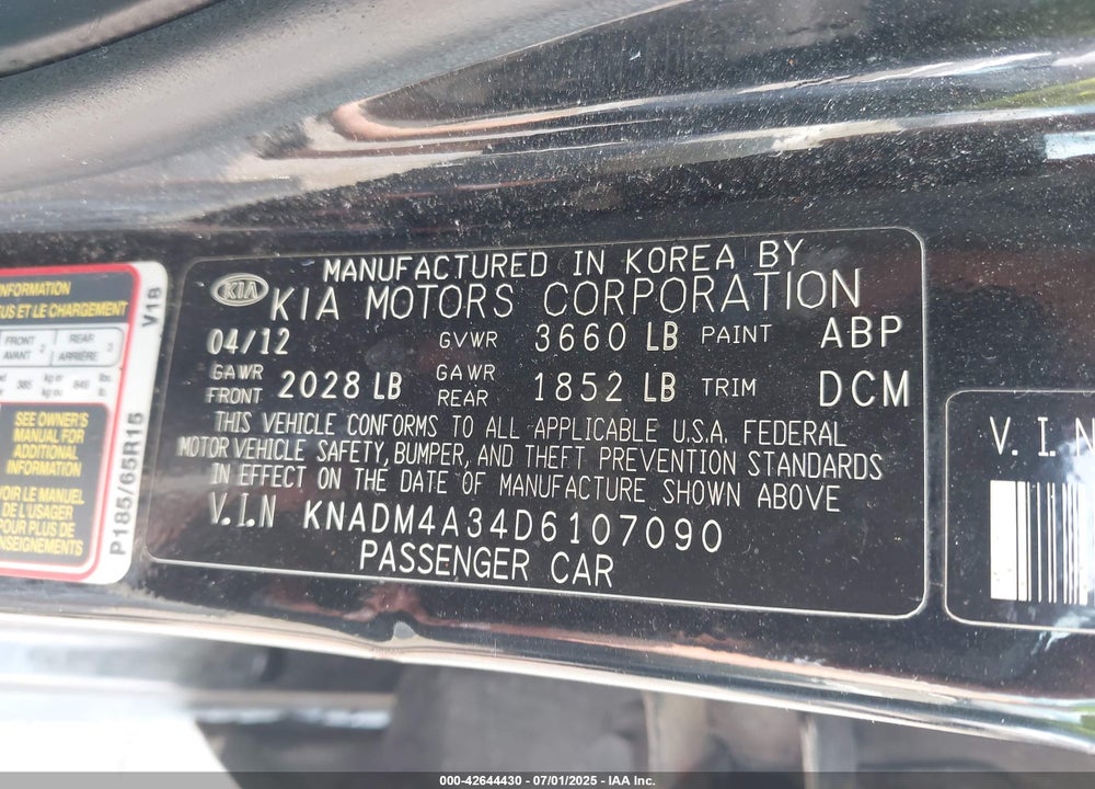 2013 KIA RIO VIN: KNADM4A34D6107090