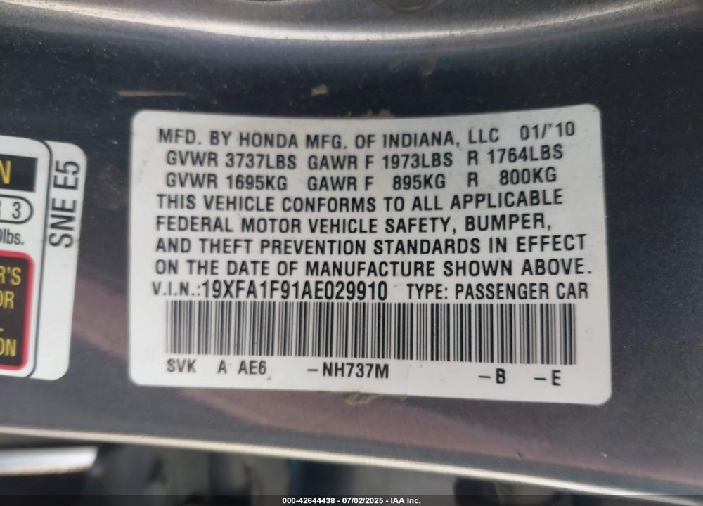 2010 HONDA CIVIC EX-L VIN: 19XFA1F91AE029910