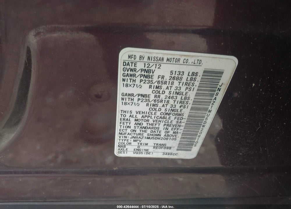 2013 NISSAN MURANO VIN: JN8AZ1MU5DW208105