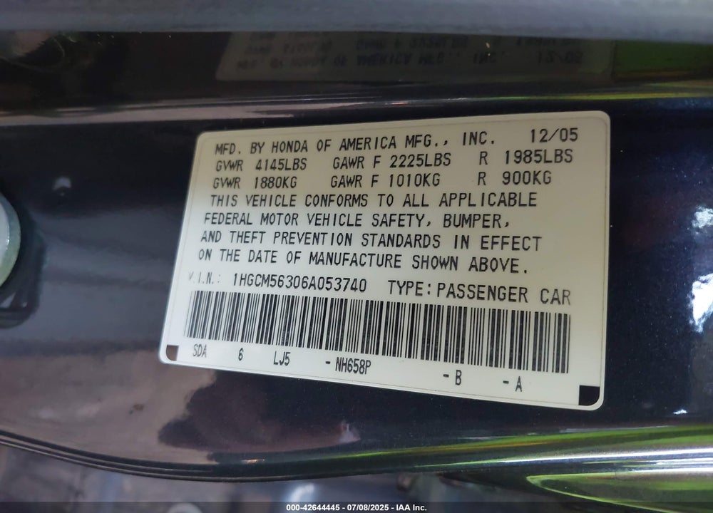 2006 HONDA ACCORD VIN: 1HGCM56306A053740