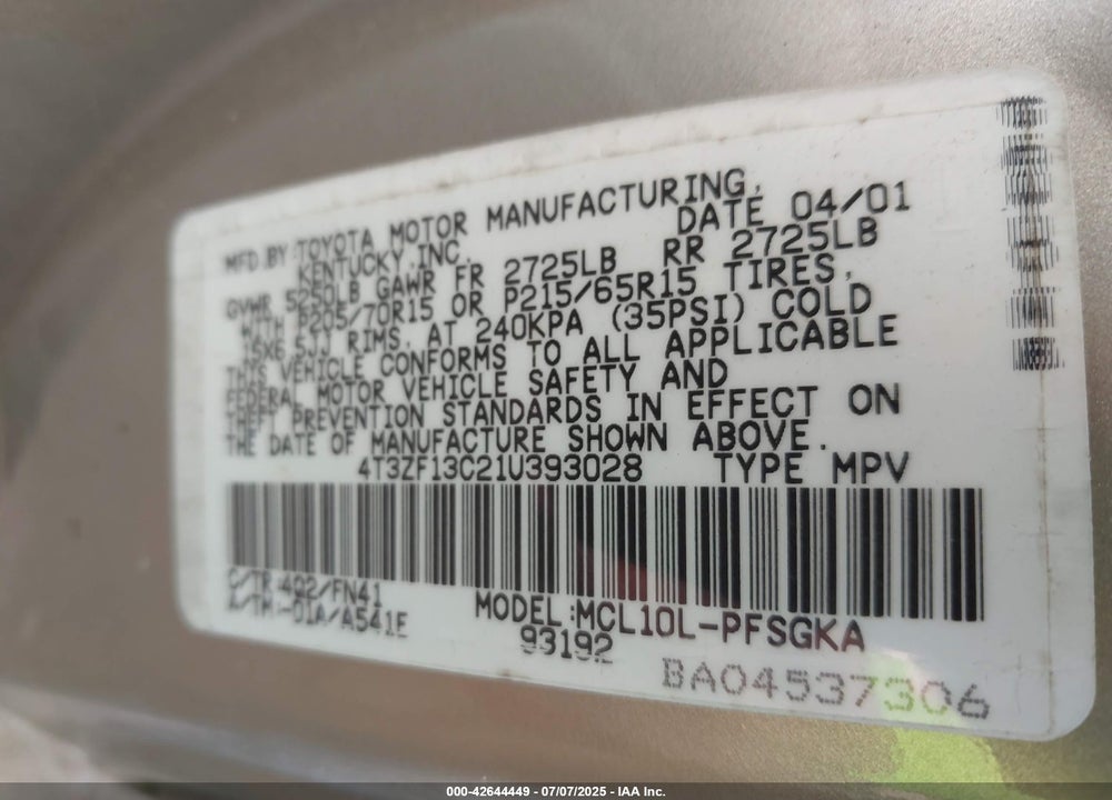 2001 TOYOTA SIENNA LE VIN: 4T3ZF13C21U393028