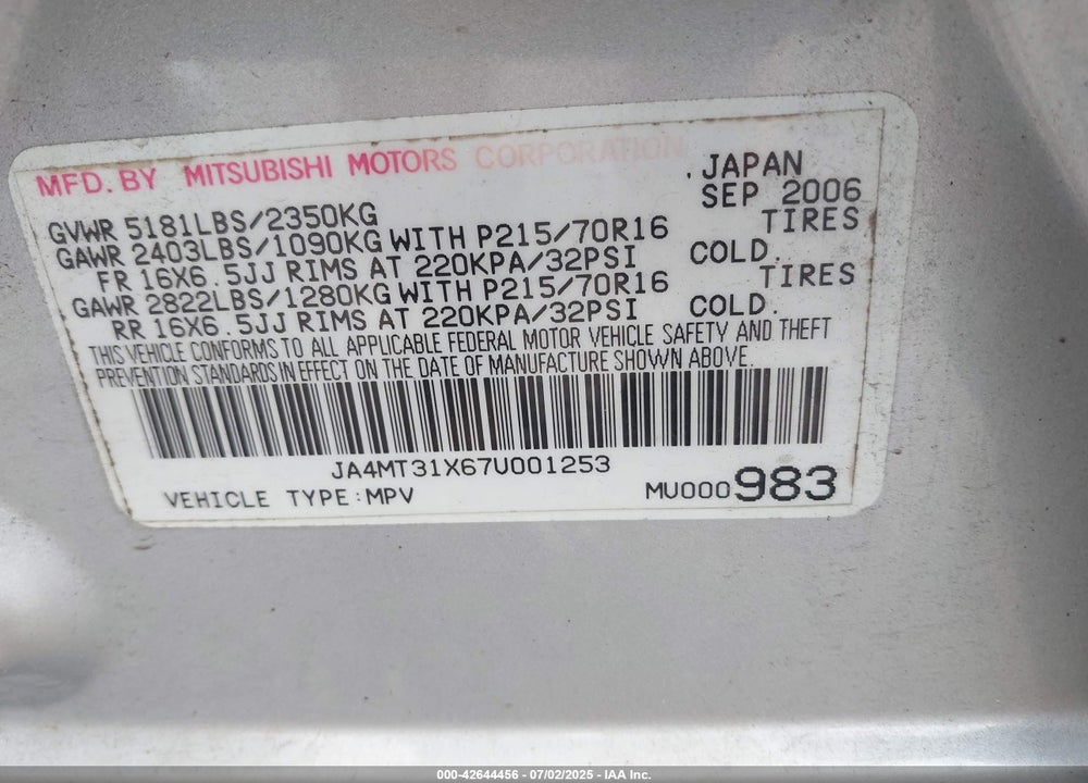 2007 MITSUBISHI OUTLANDER VIN: JA4MT31X67U001253