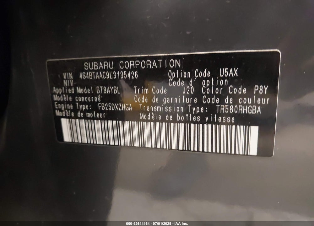 2020 SUBARU OUTBACK VIN: 4S4BTAAC9L3135426