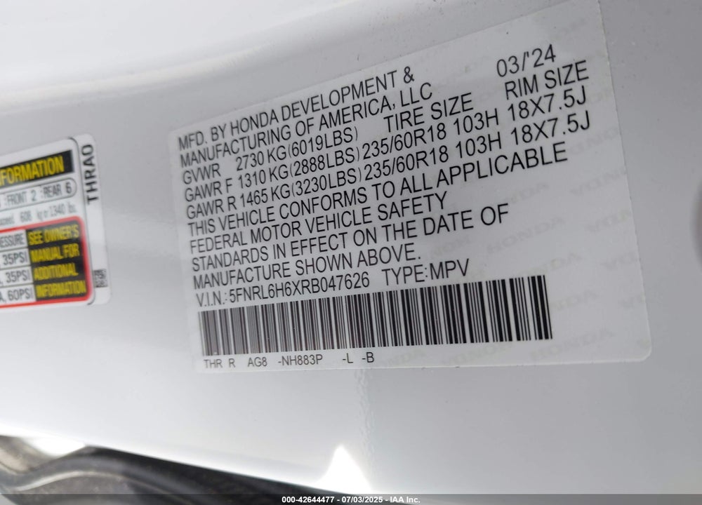 2024 HONDA ODYSSEY EX-L VIN: 5FNRL6H6XRB047626