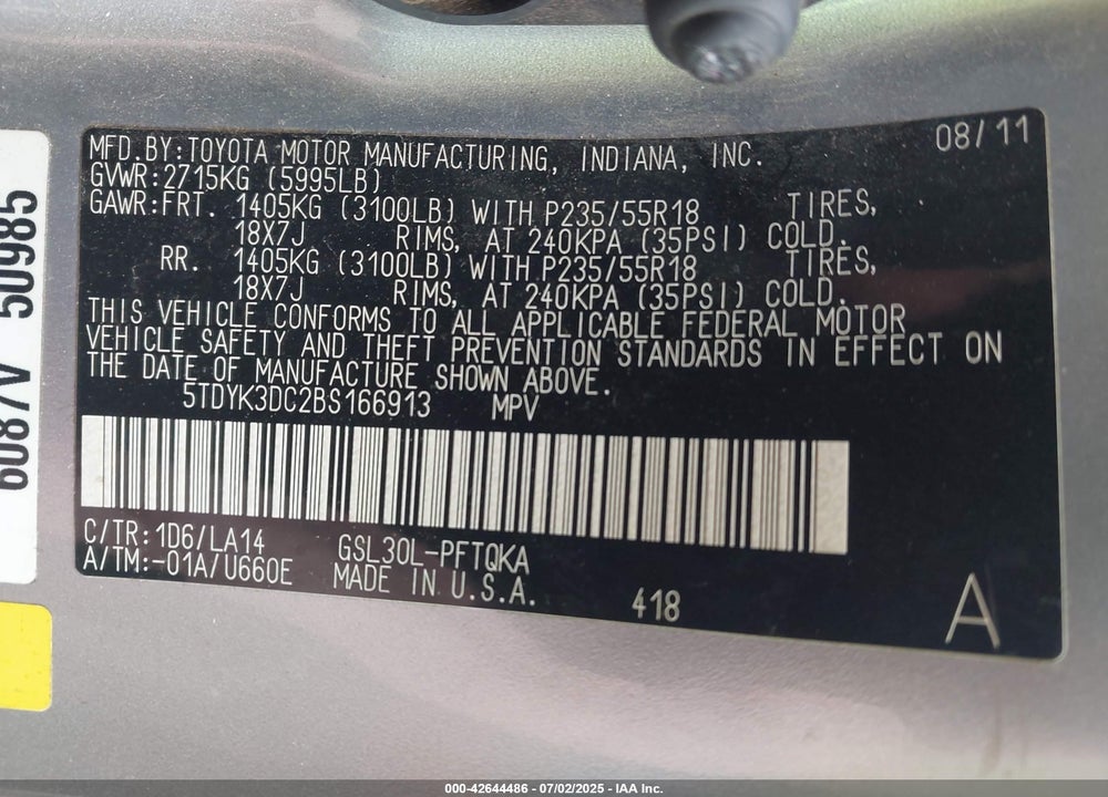2011 TOYOTA SIENNA LIMITED V6 VIN: 5TDYK3DC2BS166913