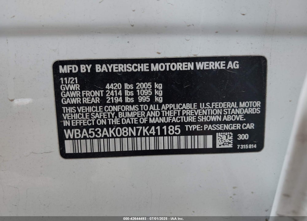 2022 BMW 2 SERIES VIN: WBA53AK08N7K41185