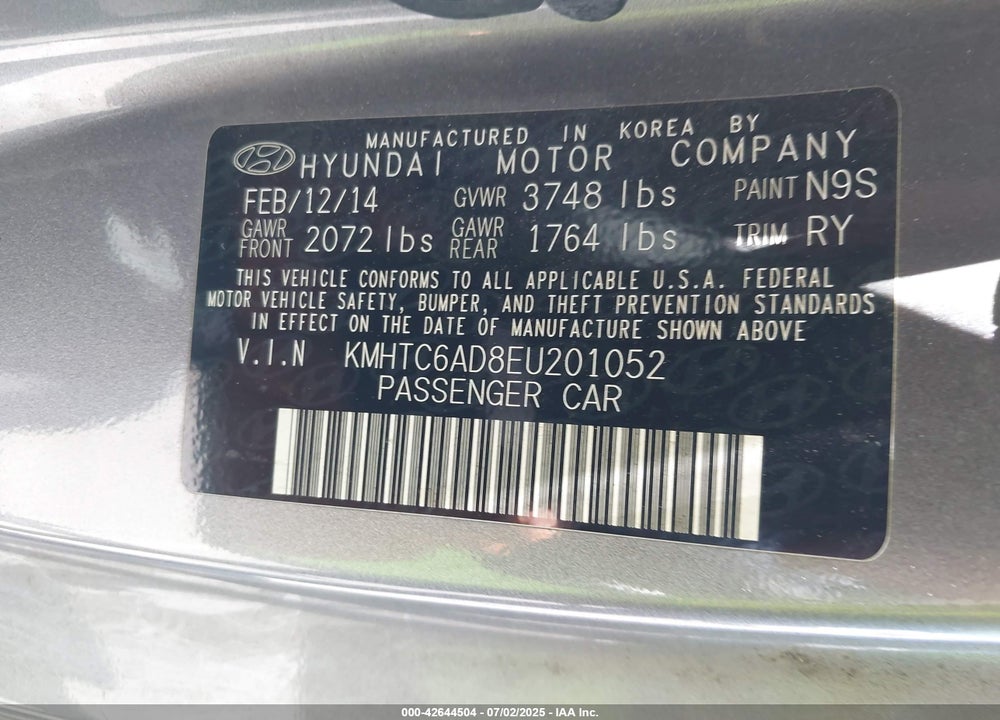 2014 HYUNDAI VELOSTER VIN: KMHTC6AD8EU201052