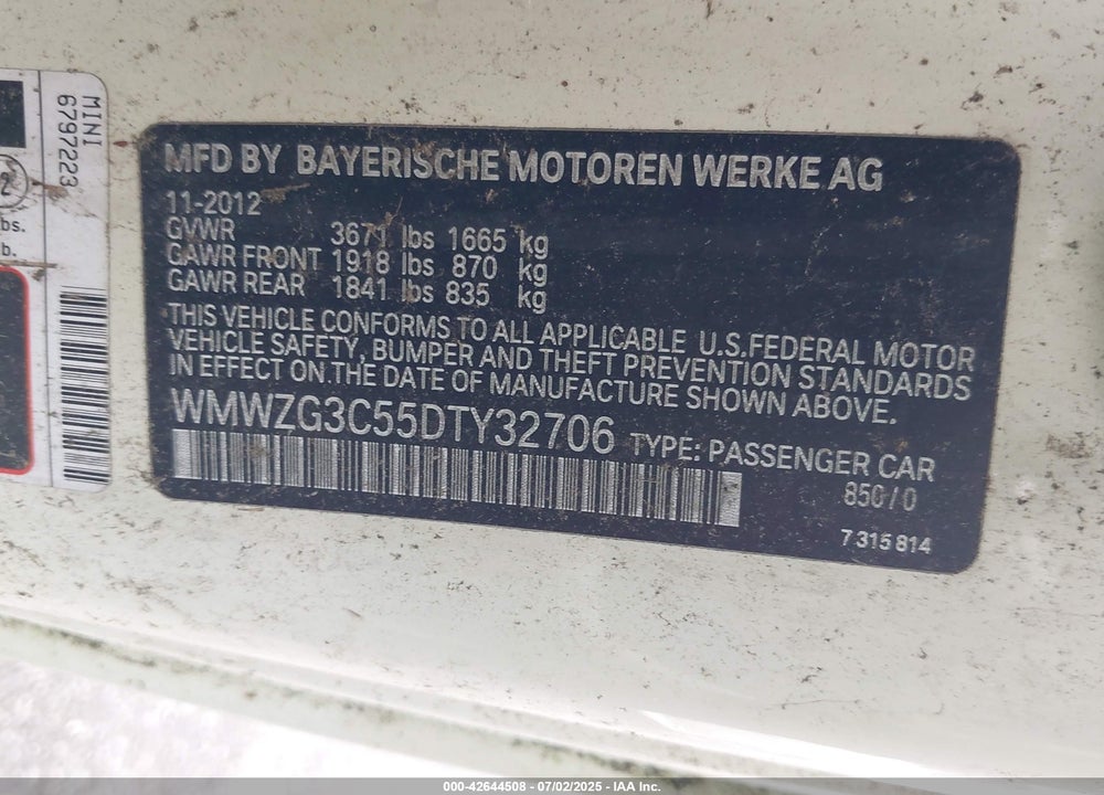 2013 MINI COOPER VIN: WMWZG3C55DTY32706