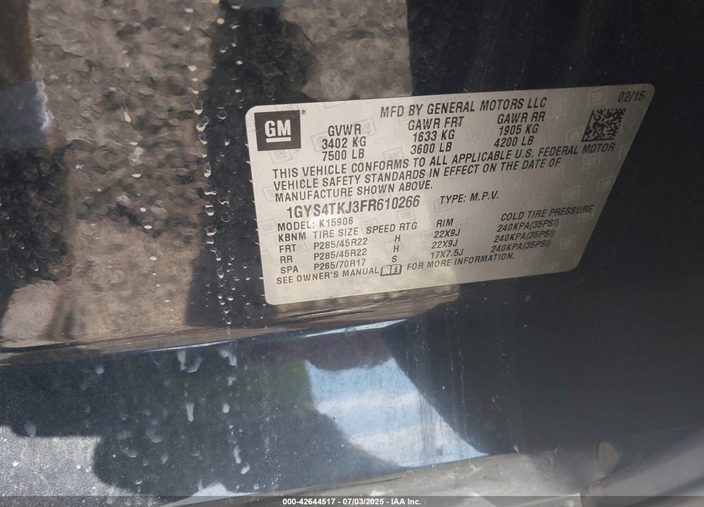 2015 CADILLAC ESCALADE ESV PREMIUM VIN: 1GYS4TKJ3FR610266