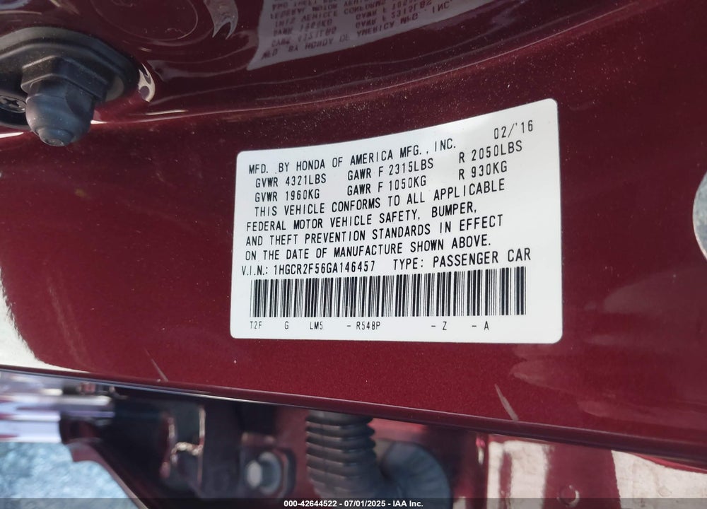 2016 HONDA ACCORD VIN: 1HGCR2F56GA146457