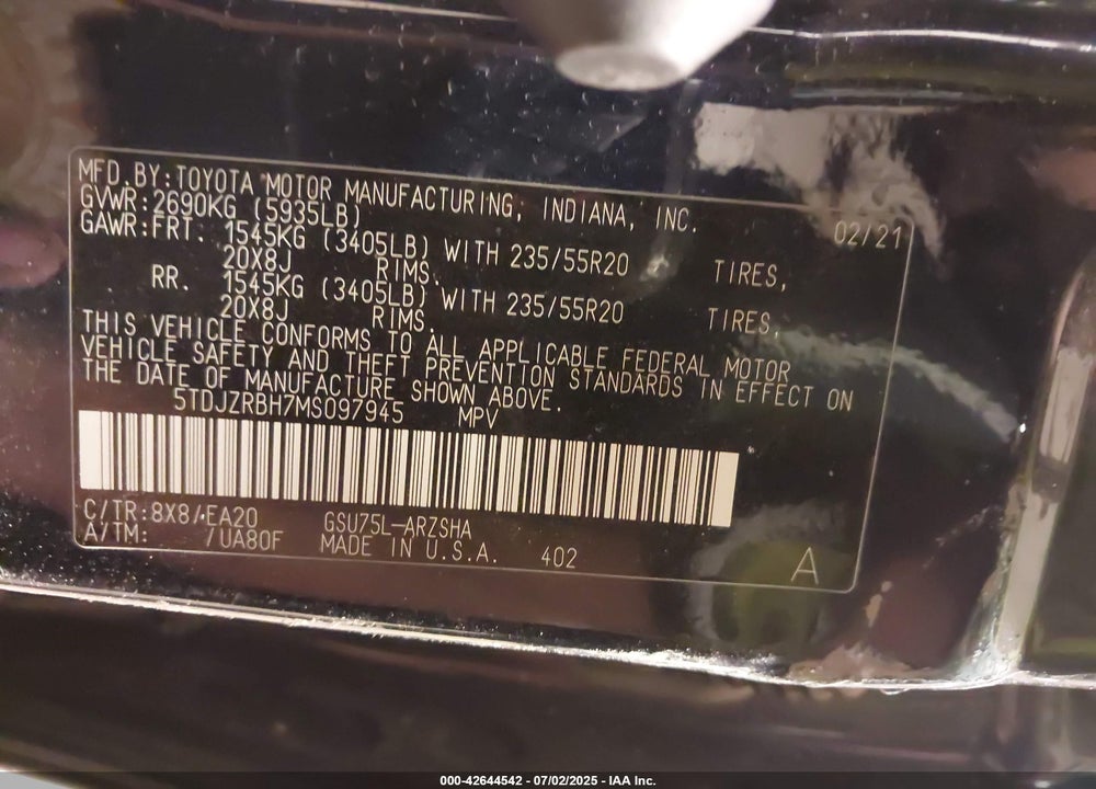 2021 TOYOTA HIGHLANDER VIN: 5TDJZRBH7MS097945