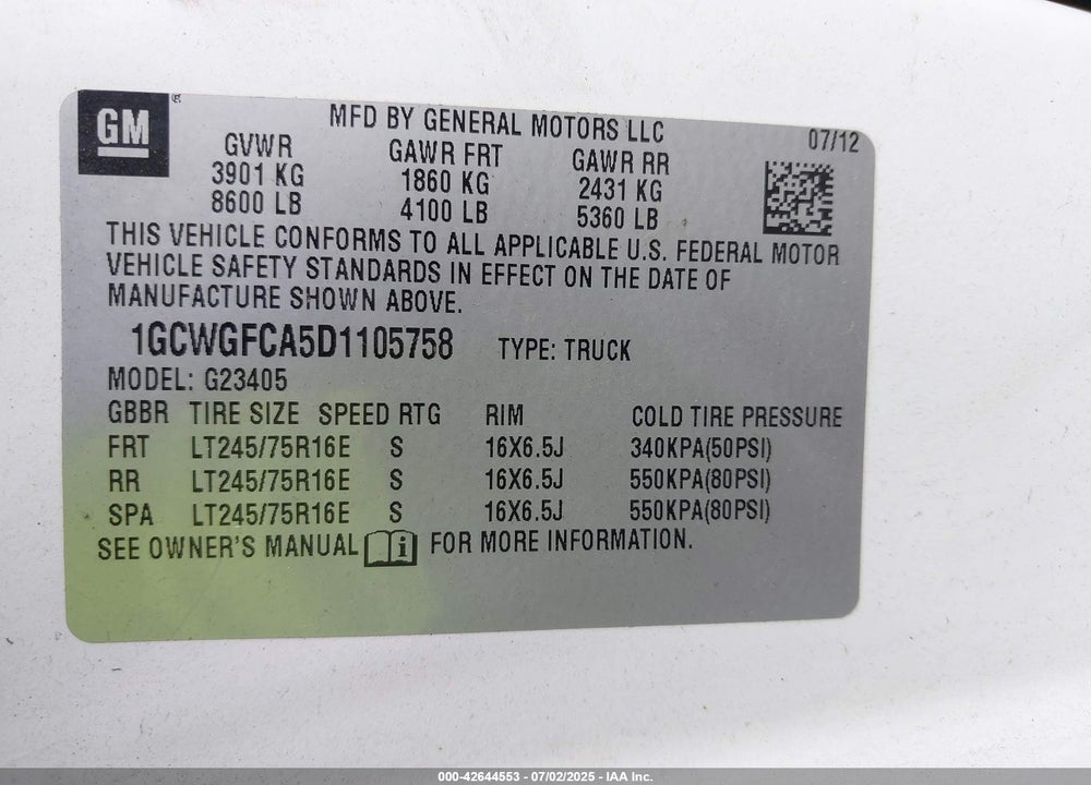 2013 CHEVROLET EXPRESS 2500 WORK VAN VIN: 1GCWGFCA5D1105758