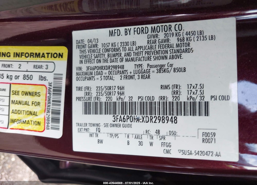 2013 FORD FUSION VIN: 3FA6P0HRXDR298948