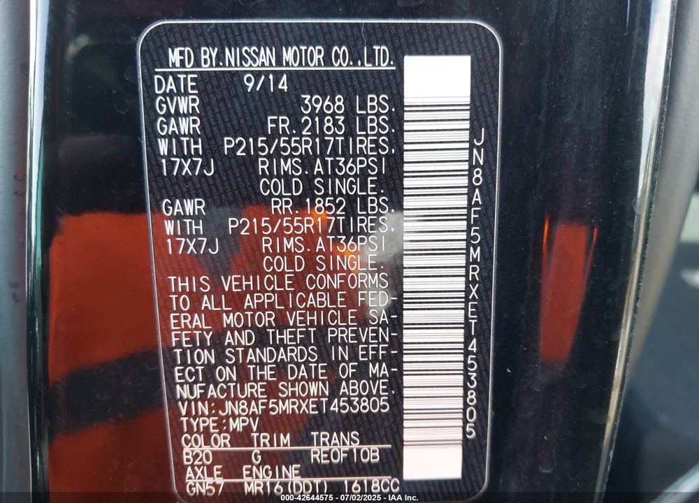 2014 NISSAN JUKE VIN: JN8AF5MRXET453805