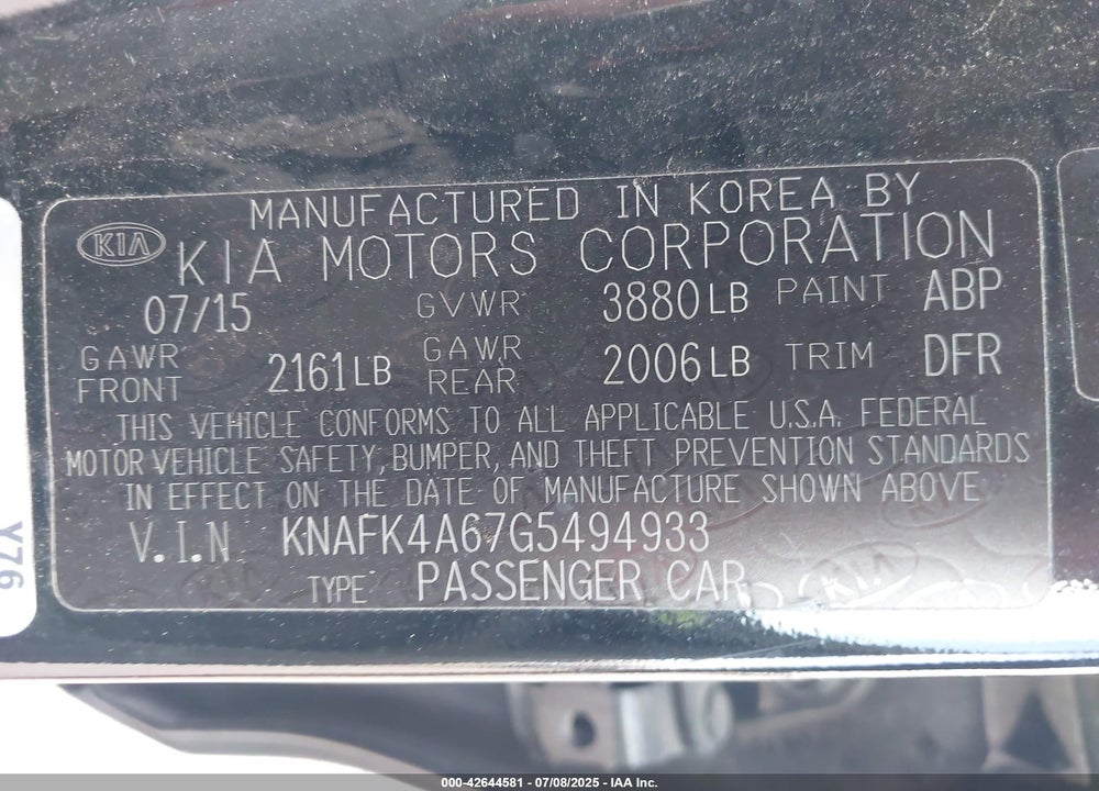 2016 KIA FORTE VIN: KNAFK4A67G5494933