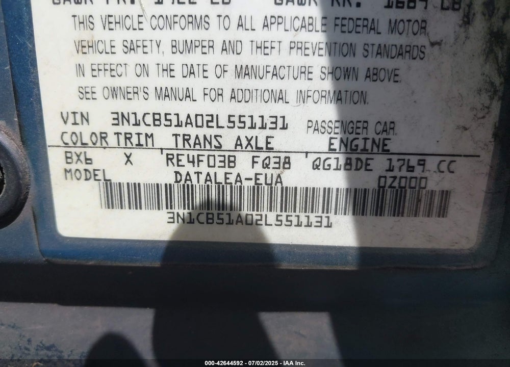 2002 NISSAN SENTRA GXE VIN: 3N1CB51A02L551131