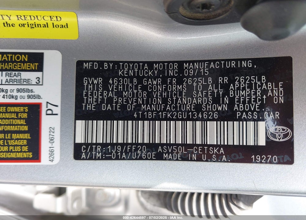 2016 TOYOTA CAMRY SE VIN: 4T1BF1FK2GU134626