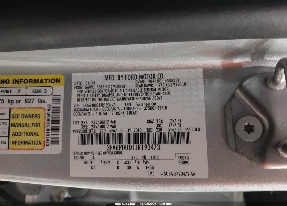2018 FORD FUSION VIN: 3FA6P0HD1JR193473