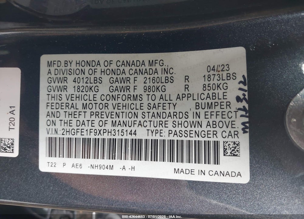 2023 HONDA CIVIC VIN: 2HGFE1F9XPH315144