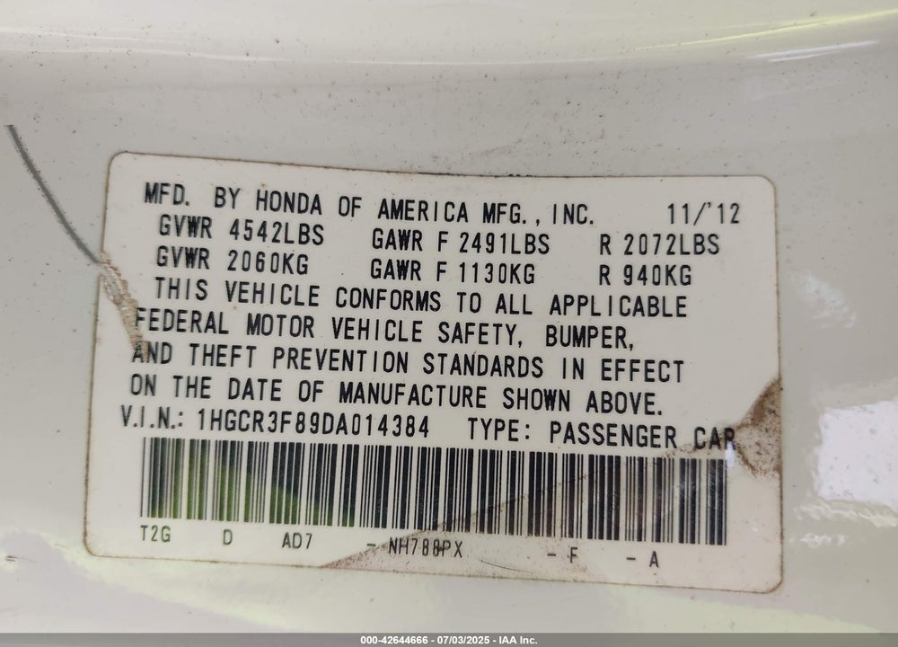 2013 HONDA ACCORD VIN: 1HGCR3F89DA014384