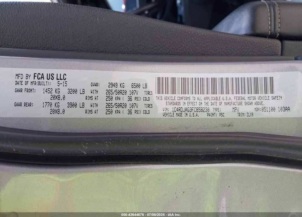 2015 DODGE DURANGO VIN: 1C4RDJAG3FC858230