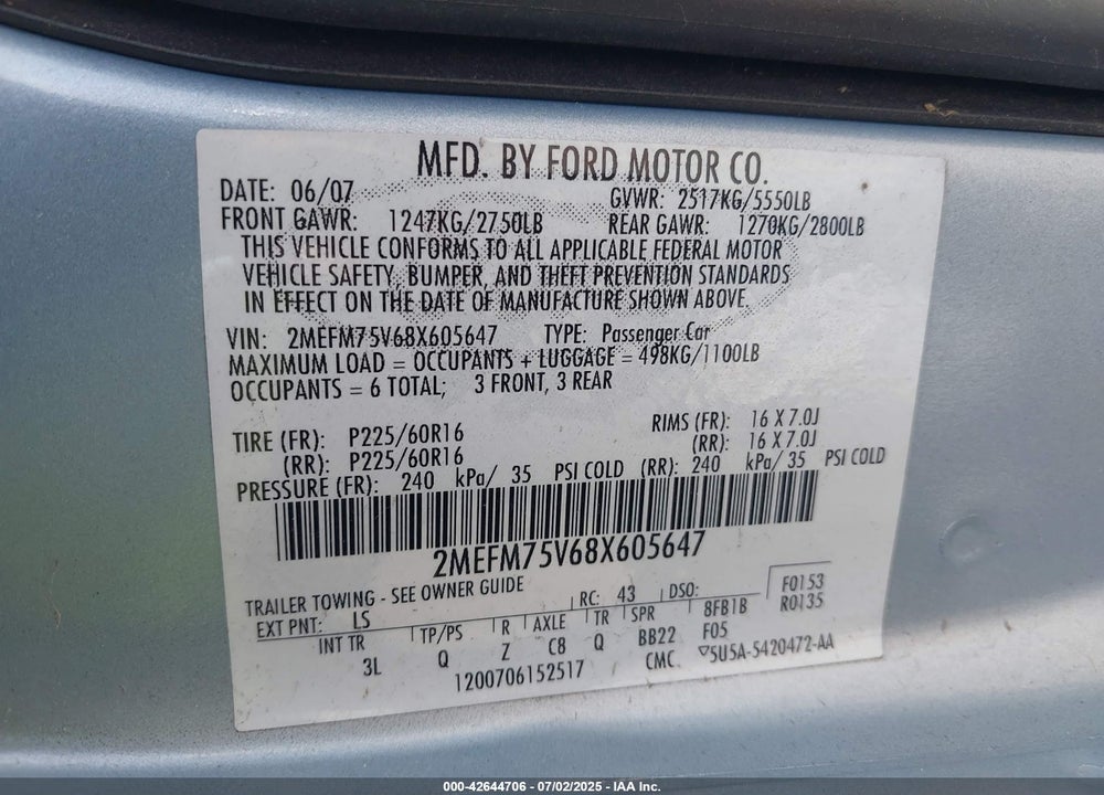 2008 MERCURY GRAND MARQUIS VIN: 2MEFM75V68X605647