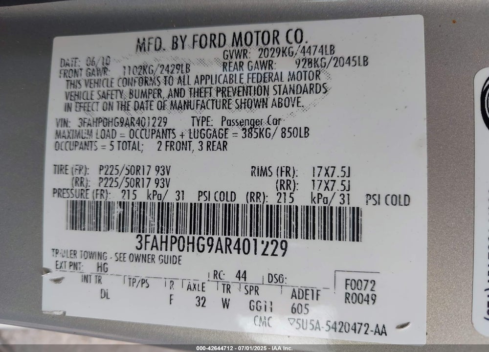 2010 FORD FUSION VIN: 3FAHP0HG9AR401229